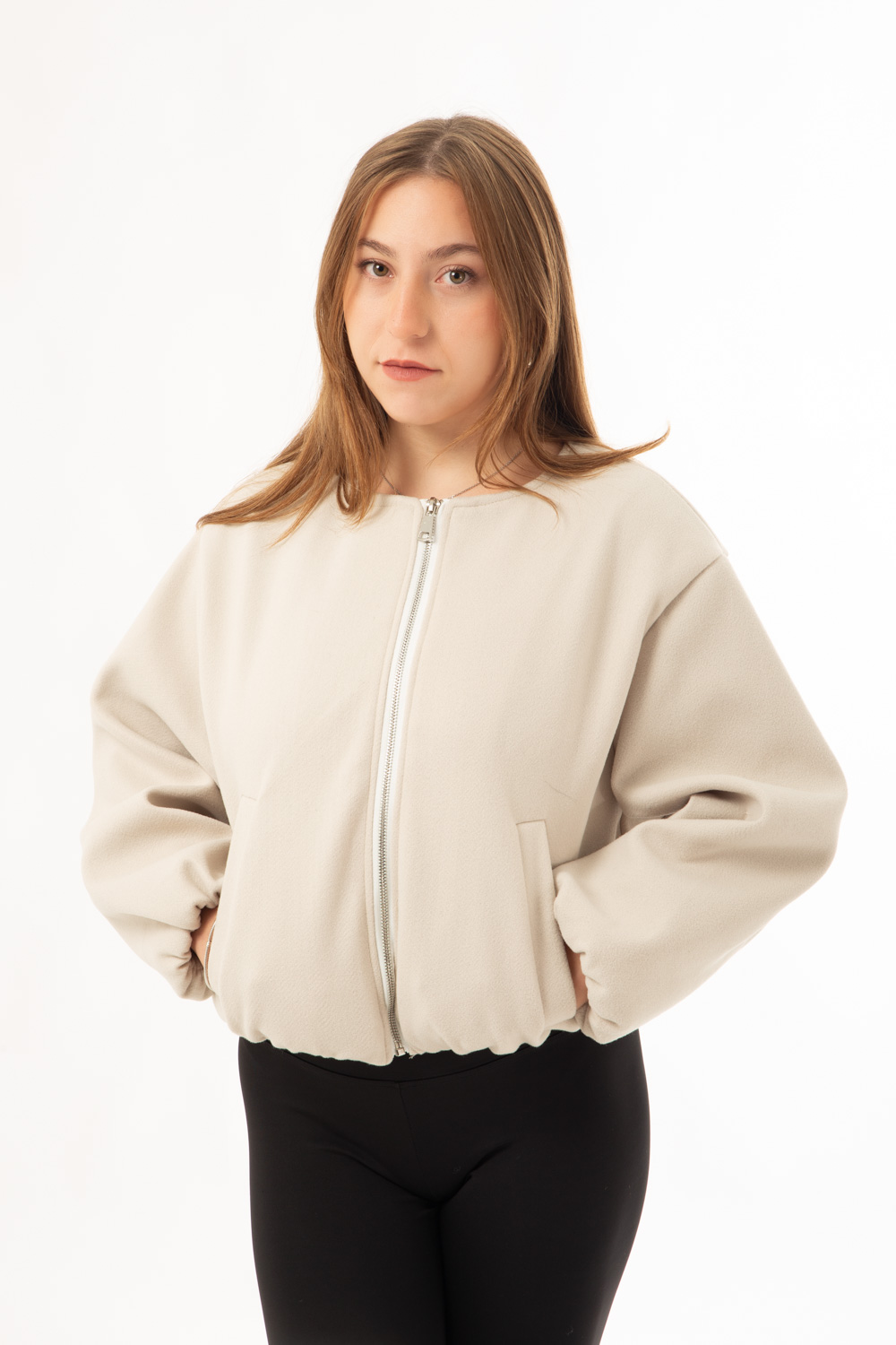 Υφασμάτινο Μπουφάν εκρού με λάστιχο στη μέση (1)