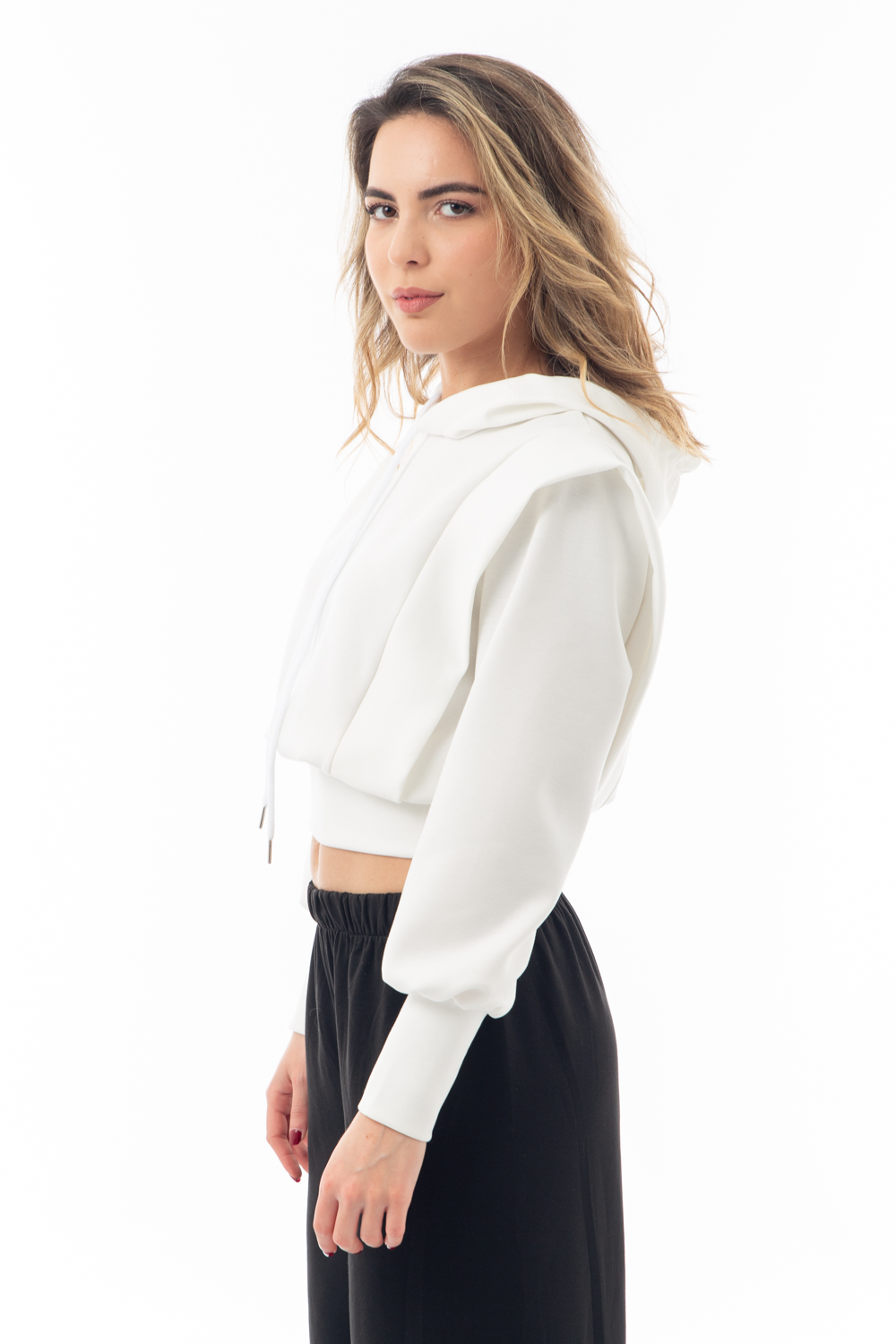 Λευκή Μπλούζα Μακρυμάνικη με Κουκούλα - Image 2